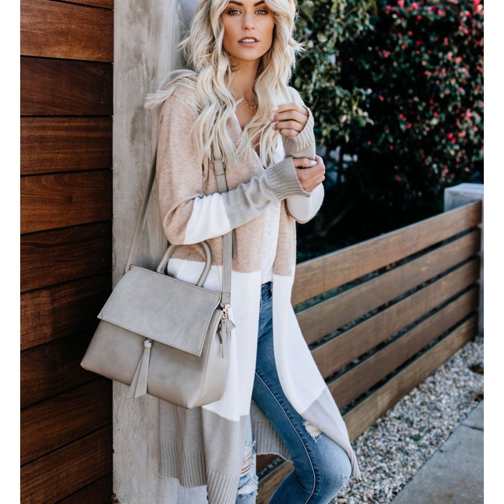 S. the Widow Beige and White Colorblock Open Front Cardigan